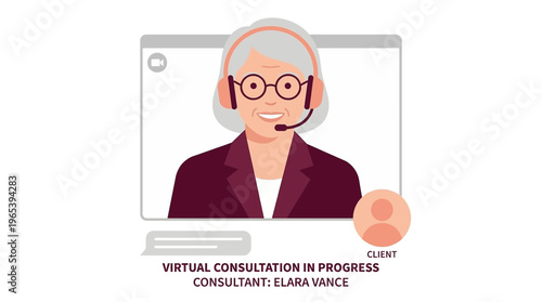 Senior professional offering virtual consultation via video call, providing remote customer service and expert support in a digital interaction setting
