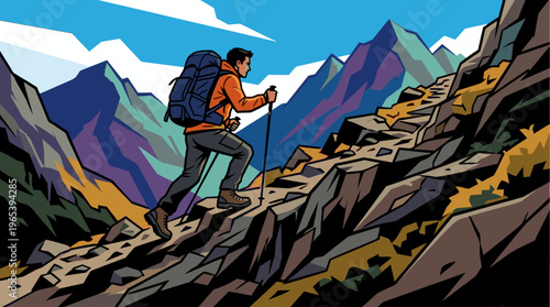 A male hiker wearing an orange jacket and backpack uses trekking poles to climb a rocky mountain path with a colorful mountain range in the background.