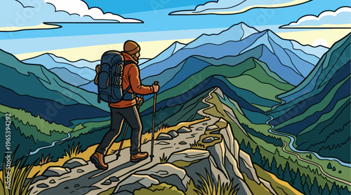 A lone hiker with a backpack and trekking poles walks along a narrow mountain path, surrounded by breathtaking panoramic views of layered mountain ranges under a cloudy sky.