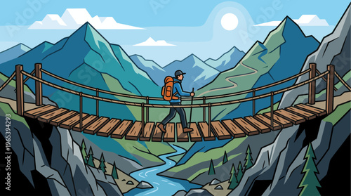 A man with a backpack walks across a wooden suspension bridge spanning a deep gorge with a river flowing below, surrounded by majestic mountains.