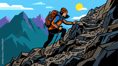 A determined woman with a backpack ascends a rocky mountain slope under a bright sun and blue sky in a bold, graphic art style, conveying adventure and challenge.