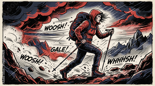 A determined hiker with a backpack climbs a rocky mountain path amidst a fierce gale, depicted in a dramatic comic book style with bold colors and halftone dots.