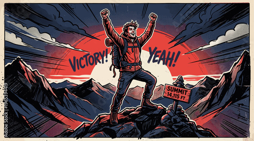 A triumphant hiker with arms raised celebrates reaching a mountain summit with dramatic clouds and a vibrant sunset in a comic book art style.