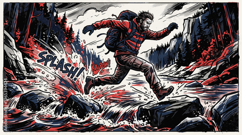 A man with a backpack leaps across a turbulent river in a stylized, comic-book art style, depicting adventure and outdoor activity.
