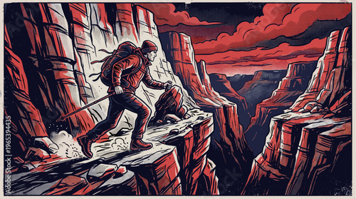 A determined hiker traverses a rocky cliff path in a dramatic, stylized canyon landscape with a red and blue color palette and textured effects.