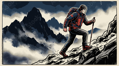 A determined man in hiking gear ascends a challenging mountain trail, showcasing strength, adventure, and the pursuit of achievement against a dramatic cloudy sky.