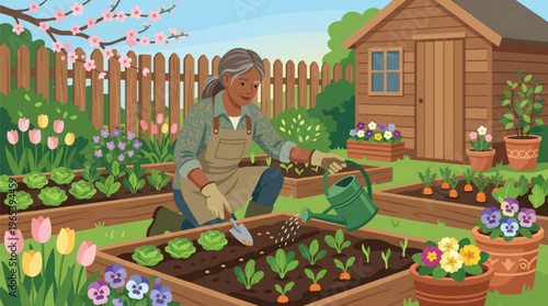 Spring Garden Elderly Woman Gardening Raised Beds Watering Tulips Pansies Carrots Spinach Colorful Illustration