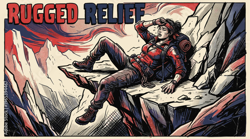 A female hiker with a backpack collapses on a rocky cliff edge, wiping sweat from her brow, conveying exhaustion and struggle in a retro comic style.