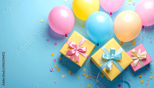 Colorful vector illustration of a happy birthday greeting card featuring a surprise gift box with a pink ribbon bow and festive balloons surrounded by confetti for a fun party celebration decoration