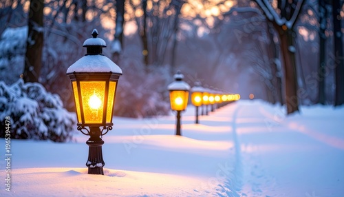 A glowing Christmas lantern rests in the cold winter snow against a landscape of a blue sky and a Russian cathedral's architecture