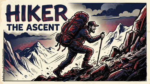 Comic style illustration of a determined hiker with a large backpack climbing a steep, rocky mountain under a dark, cloudy sky, conveying challenge and achievement.