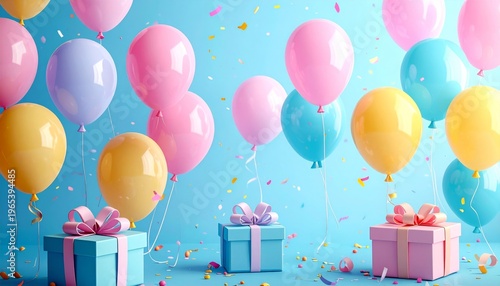 Colorful vector illustration of a happy birthday greeting card featuring a surprise gift box with a pink ribbon bow and festive balloons surrounded by confetti for a fun party celebration decoration