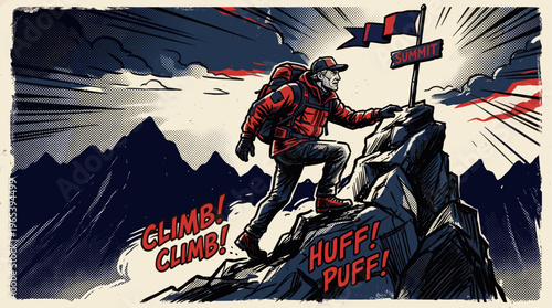 A determined climber in red gear ascends a rugged mountain peak, reaching for the summit flag, depicted in a vibrant comic book style with dramatic lighting and energetic lines.