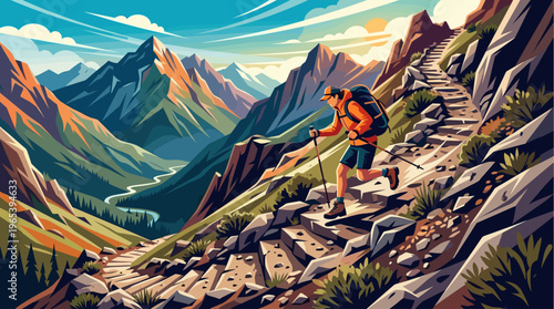 A lone hiker with a backpack and trekking poles ascends a rugged mountain trail under a vibrant sky, surrounded by majestic, colorful peaks.