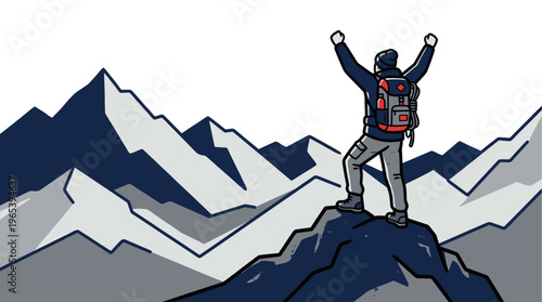 A triumphant hiker with arms raised stands on a rocky peak, celebrating their accomplishment amidst majestic mountain scenery.