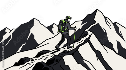 A stylized illustration of a hiker with a backpack and trekking poles walking along a narrow ridge path with dramatic mountain peaks in the background.