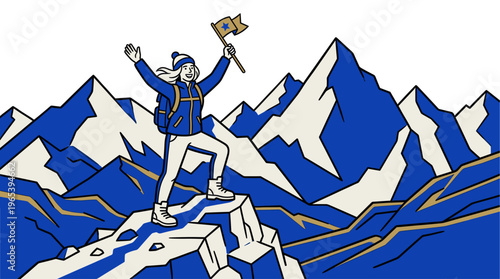 A cheerful woman in hiking gear celebrates her achievement by raising a flag atop a majestic mountain peak, symbolizing success and adventure in a stylized illustration.