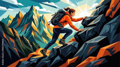 A woman wearing an orange jacket and backpack hikes up a steep, rocky mountain against a bright, geometric sky, conveying adventure and achievement.