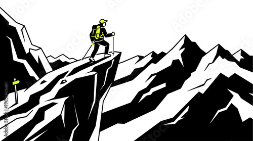 A stylized illustration depicts a lone hiker with a backpack and poles standing on a rocky mountain peak, symbolizing achievement and adventure.