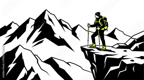 A lone hiker stands on a rocky cliff edge, gazing out at a dramatic mountain vista, rendered in bold black and white with bright yellow accents.