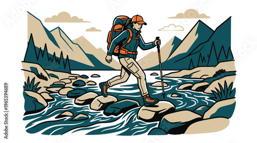 A woman with a backpack hikes across a rocky stream in front of mountains and clouds in a graphic illustration style.