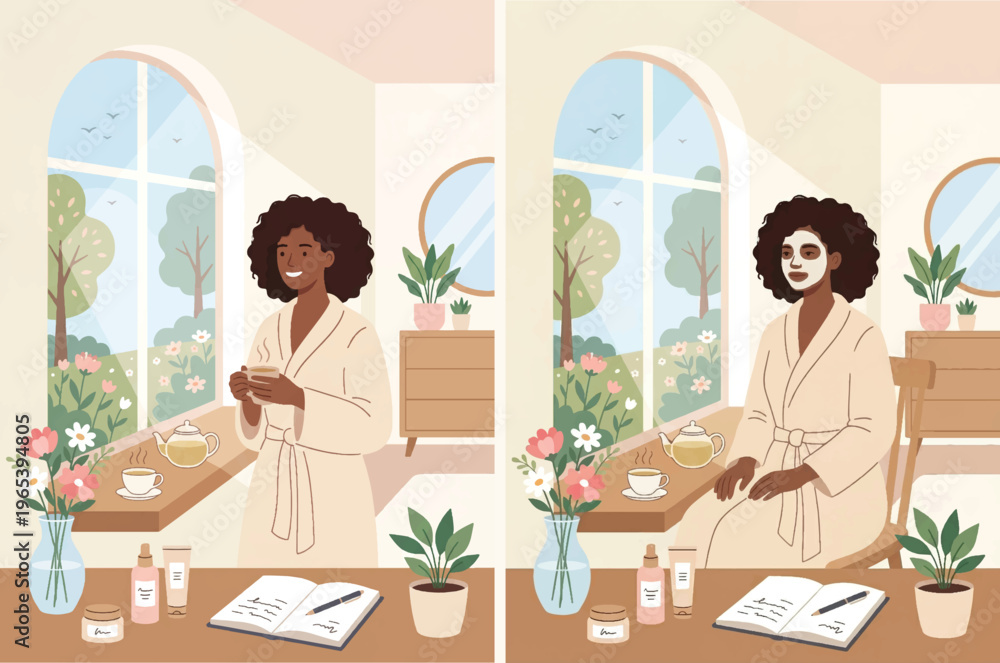 Fototapeta premium Spring Self Care Morning Routine Woman Bathrobe Herbal Tea Skincare Journal Flowers Window Wellness Illustration