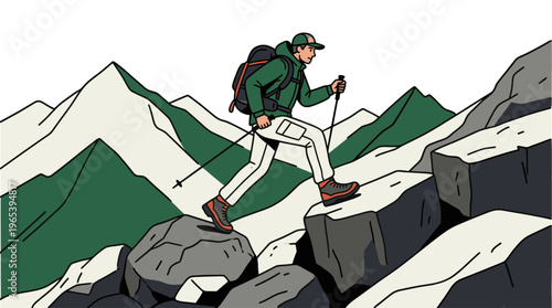 A stylized illustration depicts a person hiking on a rocky mountain path, using poles for support. The mood is adventurous and active, suitable for outdoor recreation themes.