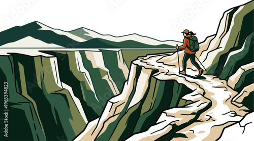 A solitary hiker with a backpack and trekking poles walks along a narrow, snow-dusted path on a steep cliff edge with a majestic mountain range in the background.