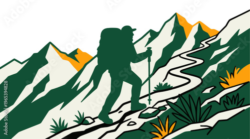 Stylized illustration of a solitary hiker with a backpack and trekking poles ascending a winding mountain path surrounded by peaks.