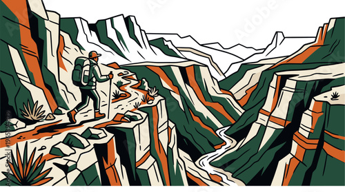 This flat illustration depicts a solo hiker with a backpack walking on a winding trail along a steep, colorful canyon with a river below.