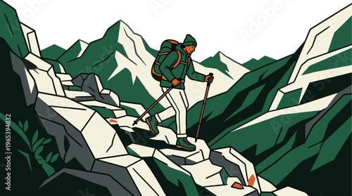 A stylized illustration depicts a person hiking up a rocky mountain trail, equipped with a backpack and trekking poles, surrounded by evergreen slopes and peaks.