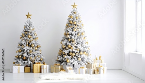 A festive interior features a decorated Christmas tree and colorful gift boxes with ribbons on a table, creating a warm holiday celebration scene inside a winter home