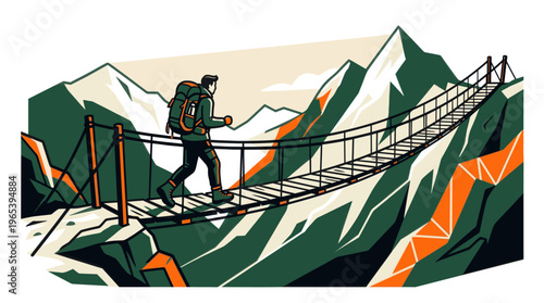 A man with a backpack walks across a suspension bridge high in the mountains, surrounded by stylized peaks and vibrant colors.