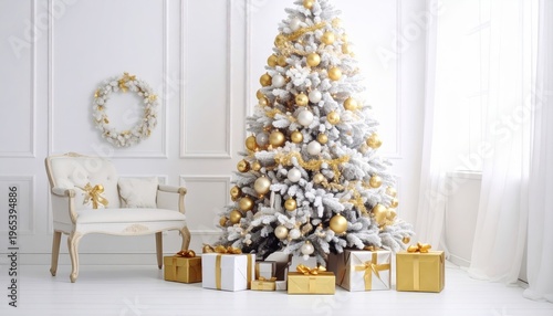 A festive interior features a decorated Christmas tree and colorful gift boxes with ribbons on a table, creating a warm holiday celebration scene inside a winter home