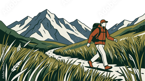 An illustration of a lone hiker walking along a winding path through grassy fields with majestic snow-capped mountains in the background.