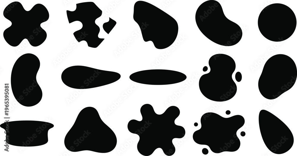Fototapeta premium Collection of 15 irregular black shapes on white background