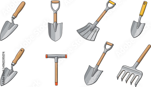 Gardening Tools Set with Shovel Rake Trowel Hoe and Spade for Farming Landscaping Yard Work and Agriculture Equipment Vector Illustration