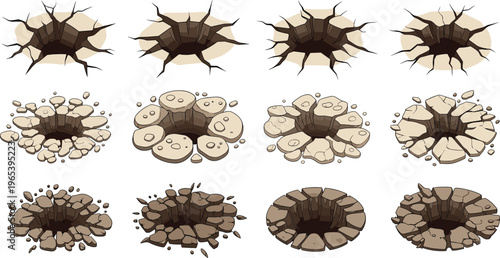 Ground cracks and holes set with broken earth surfaces impact craters cartoon vector illustration collection isolated