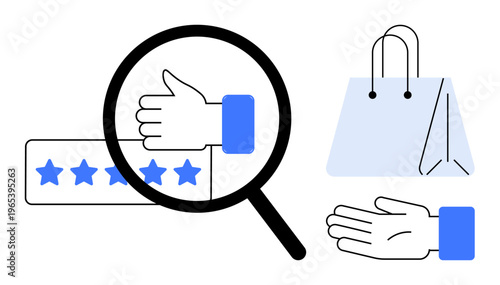 Customer satisfaction, product reviews, online shopping, user feedback, brand trust, rating system. A thumbs-up under a magnifying glass, five stars a shopping bag. Customer satisfaction and product