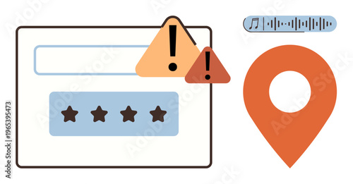 Online safety, geolocation tools, error detection, multimedia interface, app development, location services. Alert icons, location pin star rating and audio wave bar. Online safety and geolocation