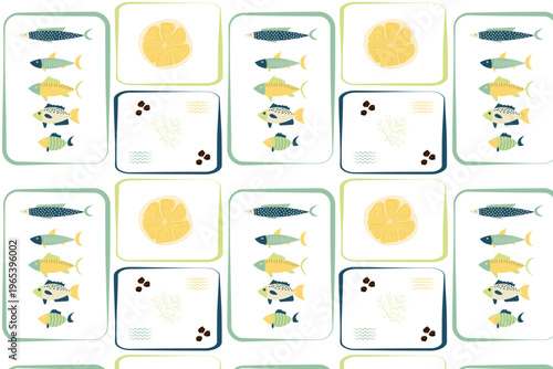 Seamless grid pattern with fish, lemon, dill and peppercorn cards on white background, culinary design.