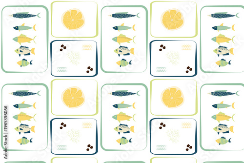 Seamless grid pattern with fish, lemon, dill and peppercorn cards on white background, culinary design.