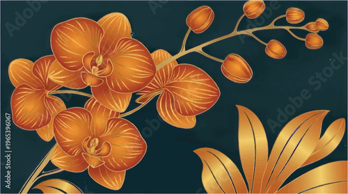Orange orchid flower with gold accents, luxurious tropical botanical illustration for design projects, art nouveau, home decor, wall art