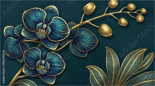 Luxurious teal orchid flower with gold accents, elegant botanical illustration for decor and design, art nouveau, home decor, wall art