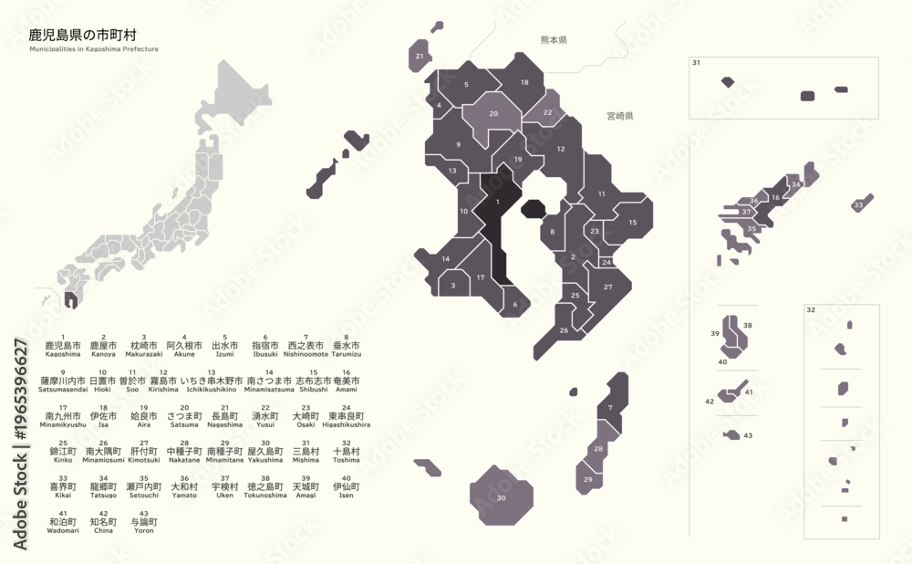 Fototapeta premium Municipalities in Kagoshima Prefecture 鹿児島県の市町村