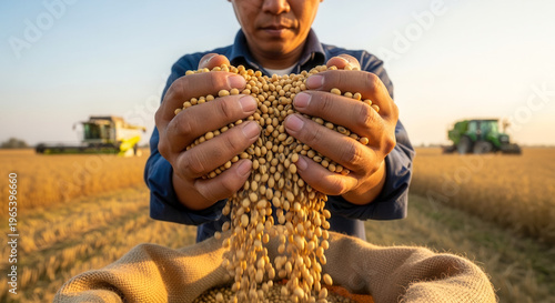 Farmer pouring soybeans into burlap sack during harvest in rural field, agriculture and crop yield for food production