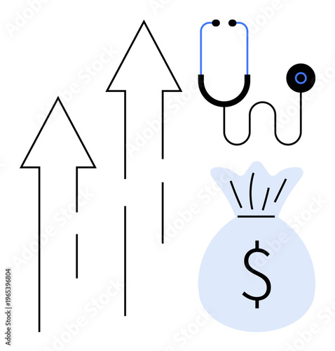 Healthcare finance, cost analysis, economic growth, medical expenses, financial planning, investment. Stethoscope, upward arrows and money bag rising costs. Healthcare cost analysis and financial