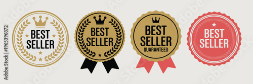 Sticker best seller set isolated premium quality in gold and red color, perfect for marking best seller products, retail labels, promotional badges, and marketing design use.