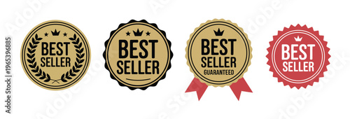 Sticker best seller set in gold and red premium quality style, isolated design ideal for highlighting top products, retail promotions, sales campaigns, and branding graphics.
