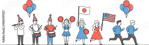 National celebration parade with people holding flags balloons and marching band festive event cartoon vector illustration